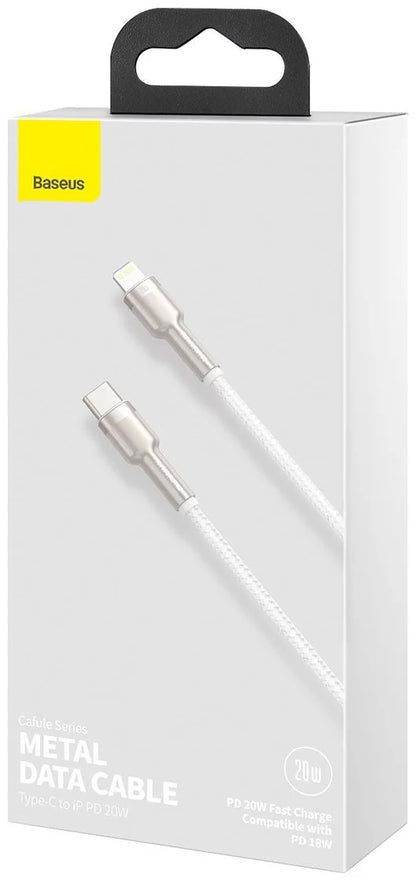 Cablu Date si Incarcare USB-C - Lightning Baseus Cafule Metal Series, 20W, 2m, Alb CATLJK-B02