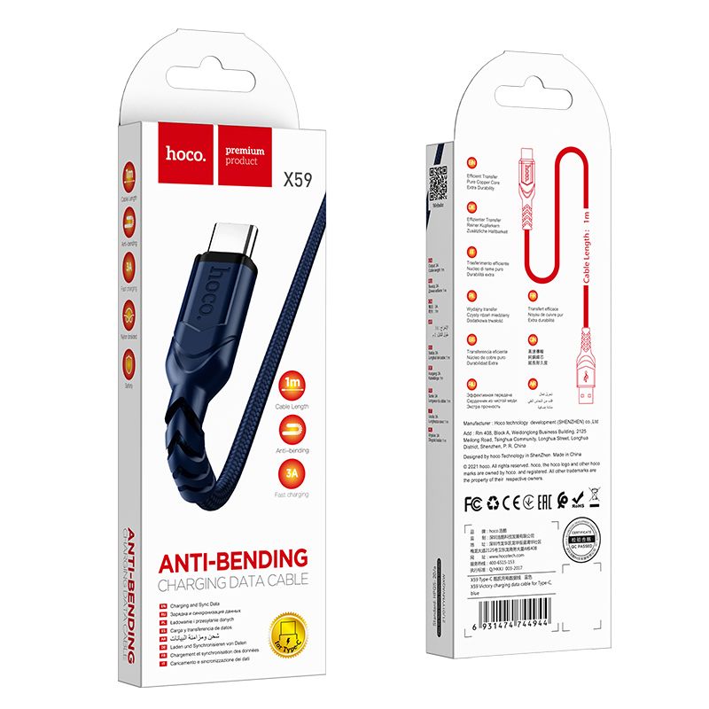 Cablu Date si Incarcare USB-A - USB-C HOCO X59 Victory, 18W, 1m, Albastru