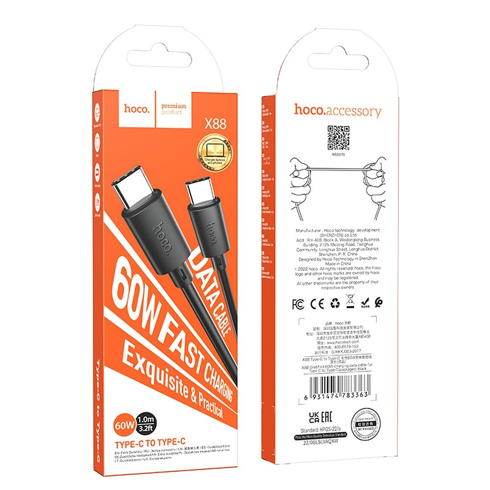 Cablu Date si Incarcare USB-C - USB-C HOCO X88, 60W, 1m, Negru