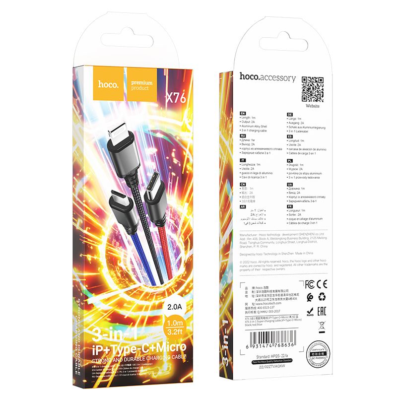 Cablu Incarcare USB-A - Lightning / microUSB / USB-C HOCO X76 3in1, 18W, 1m, Multicolor