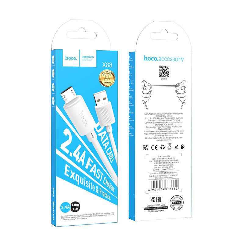 Cablu Date si Incarcare USB-A - microUSB HOCO X88, 18W, 1m, Alb