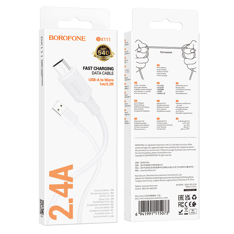 Cablu Date si Incarcare USB-A - microUSB Borofone BX111 Feliz, 18W, 1m, Alb