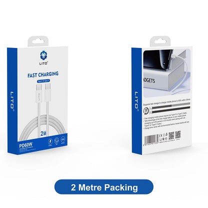 Cablu Date si Incarcare USB-C - USB-C Lito LD04CC, 60W, 2m, Alb