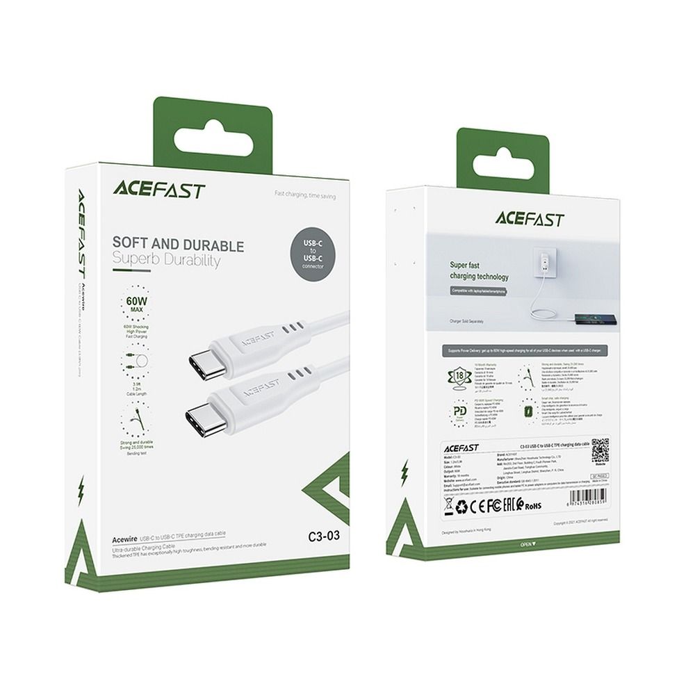 Cablu Date si Incarcare USB-C - USB-C Acefast C3-03, 60W, 1.2m, Alb
