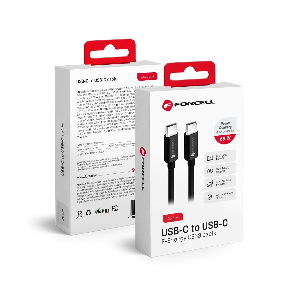 Cablu Date si Incarcare USB-C - USB-C Forcell C338, 60W, 0.25m, Negru