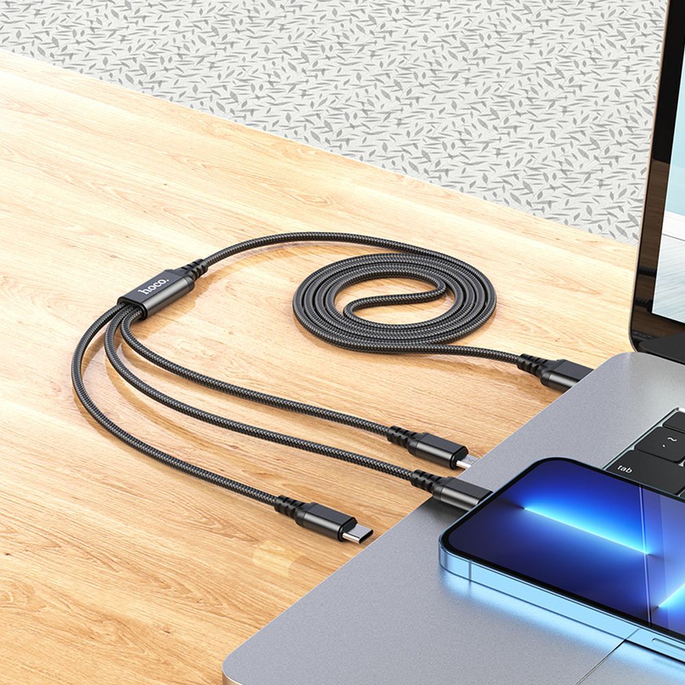 Cablu Incarcare USB-A - Lightning / microUSB / USB-C HOCO X76 3in1, 18W, 1m, Negru