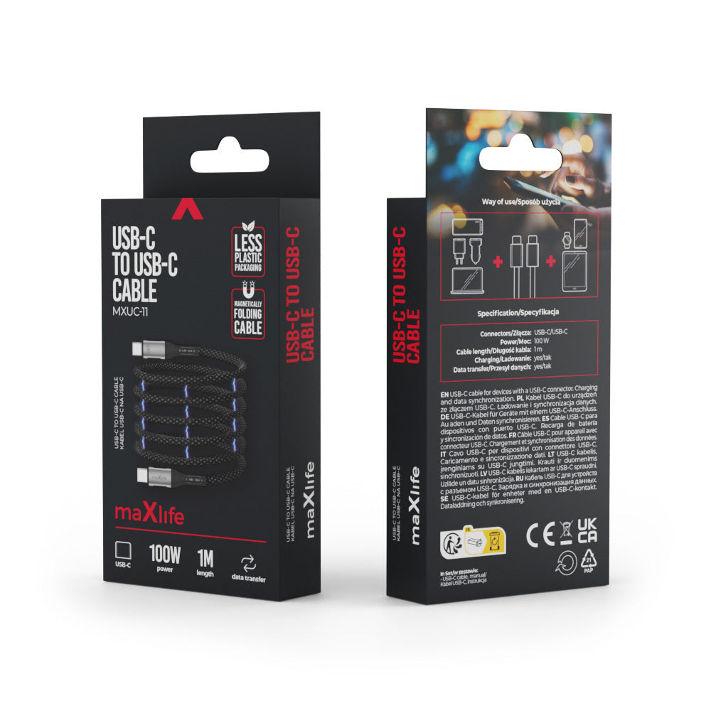 Cablu Date si Incarcare USB-C - USB-C MaXlife MXUC-11 Magnetic, 100W, 1m, Negru