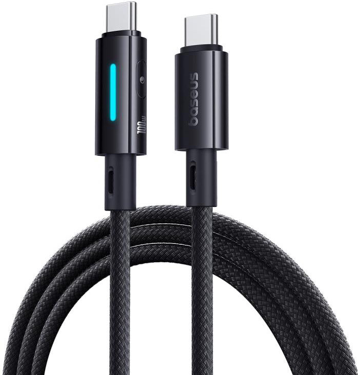 Cablu Date si Incarcare USB-C - USB-C Baseus Lit Button Control, 100W, 2m, Negru P10379000121-01