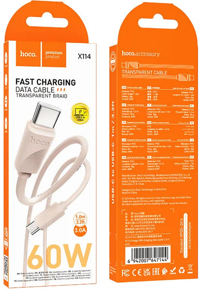 Cablu Date si Incarcare USB-C - USB-C HOCO X114, 60W, 1m, Roz