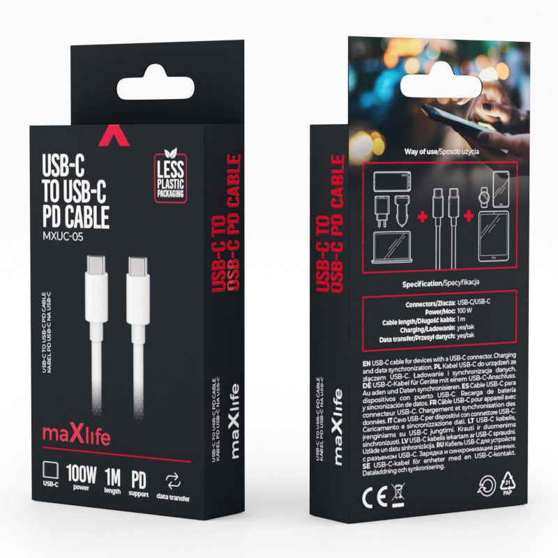 Cablu Date si Incarcare USB-C - USB-C MaXlife MXUC-05, 100W, 1m, Alb