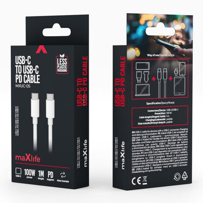 Cablu Date si Incarcare USB-C - USB-C MaXlife MXUC-05, 100W, 1m, Alb