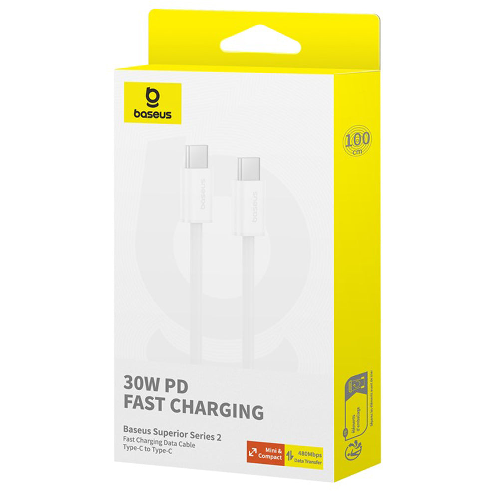 Cablu Date si Incarcare USB-C - USB-C Baseus Superior Series 2, 30W, 1m, Alb P10365200211-00