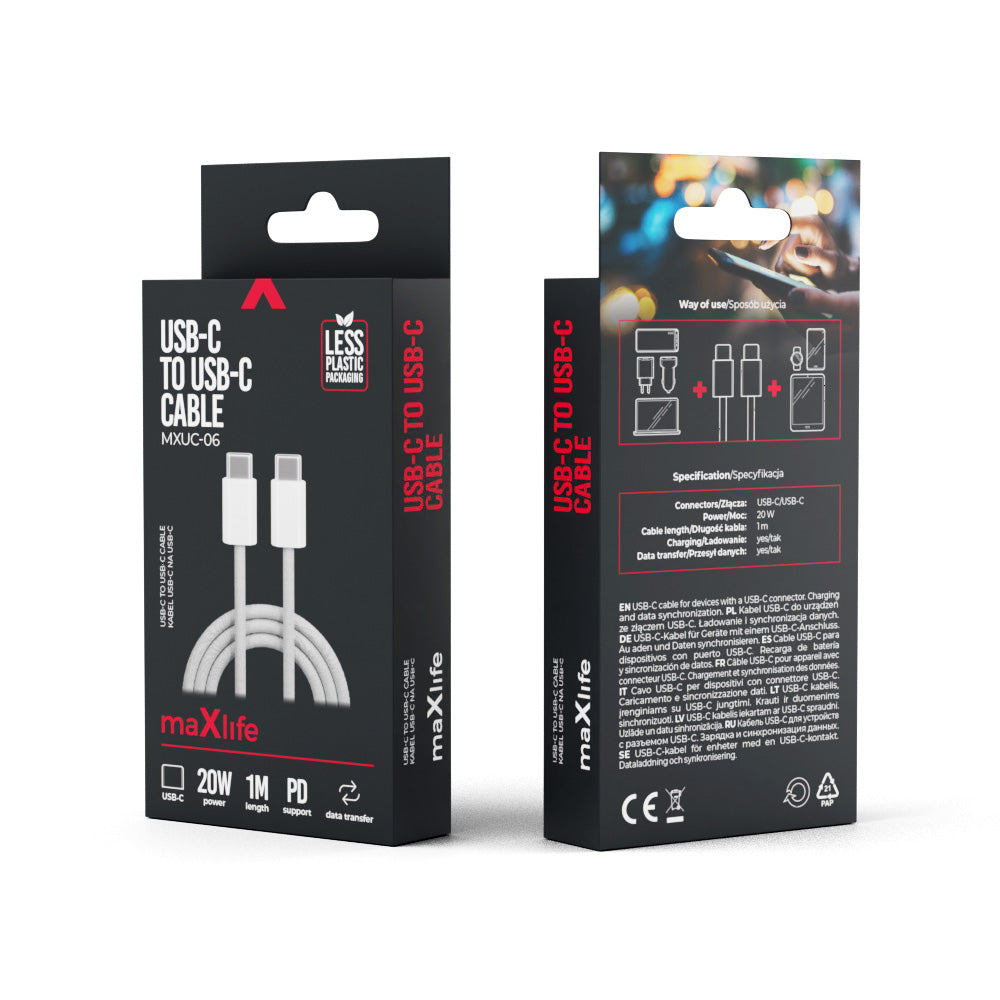 Cablu Date si Incarcare USB-C - USB-C MaXlife MXUC-06, 20W, 1m, Gri