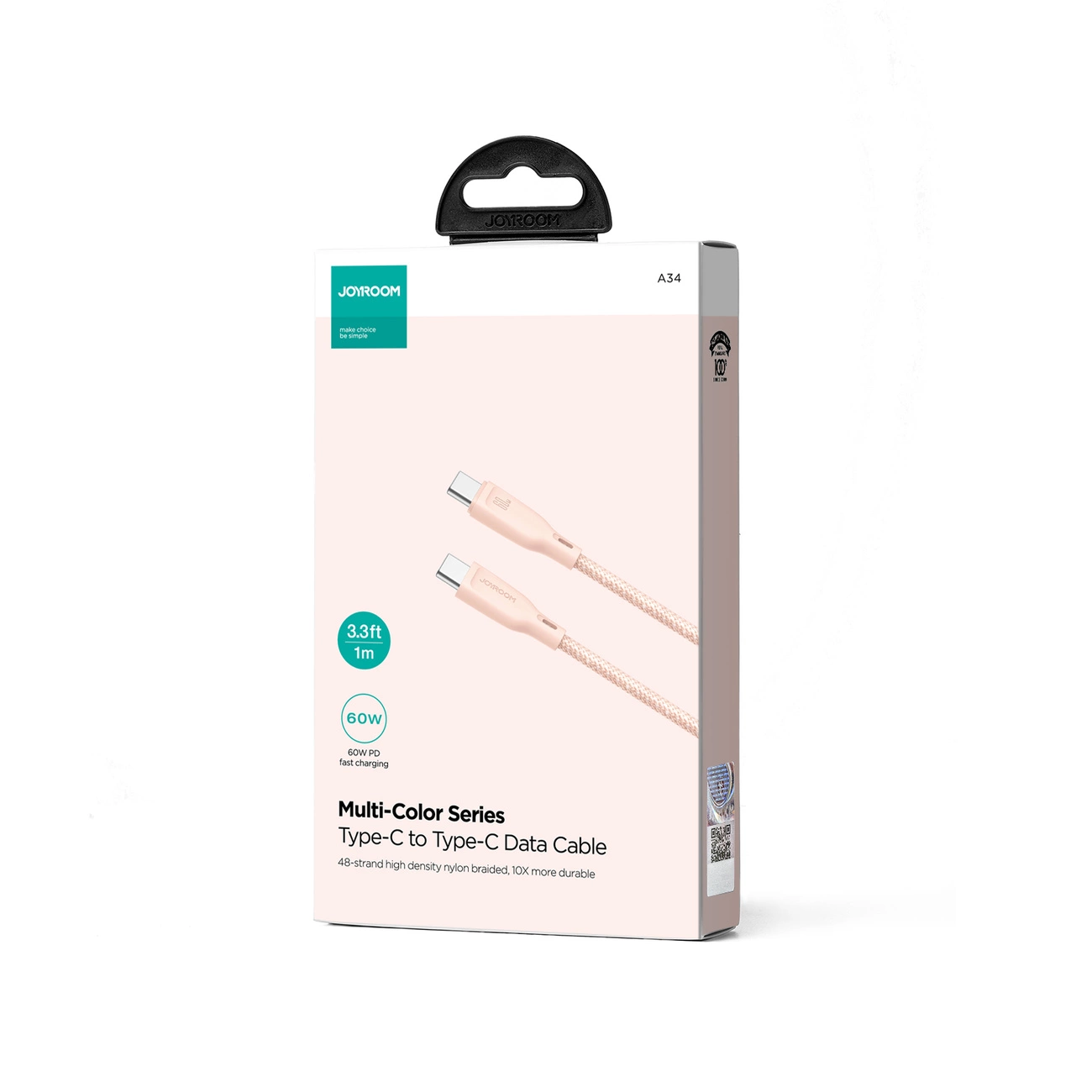 Cablu Date si Incarcare USB-C - USB-C Joyroom S-A34, 60W, 1m, Roz
