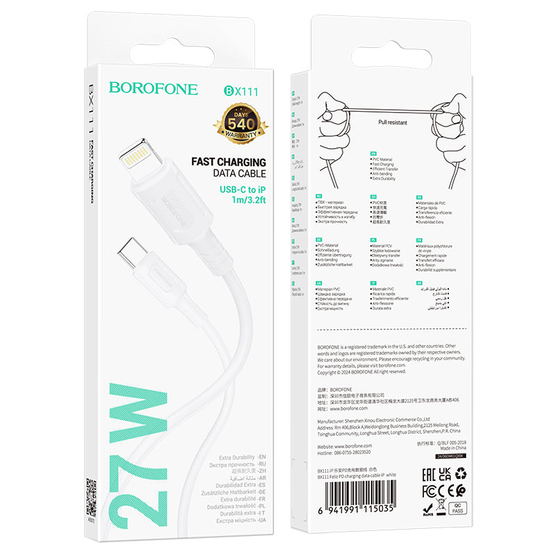 Cablu Date si Incarcare USB-C - Lightning Borofone BX111 Feliz, 27W, 1m, Alb