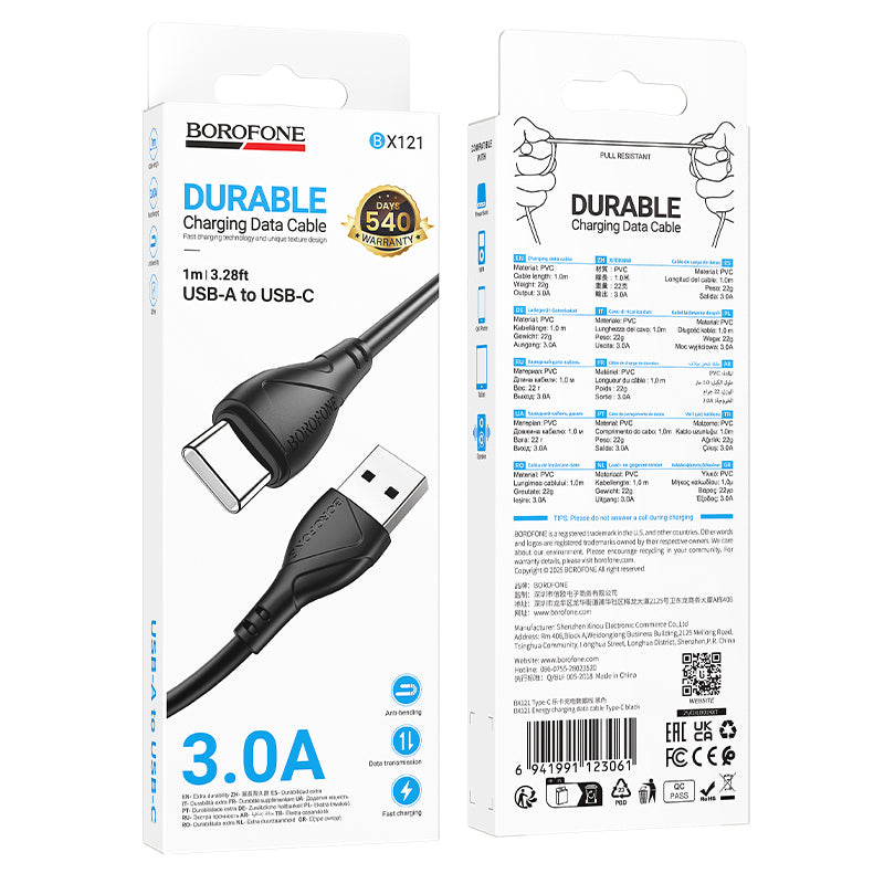 Cablu Date si Incarcare USB-A - USB-C Borofone BX121 Energy, 18W, 1m, Negru