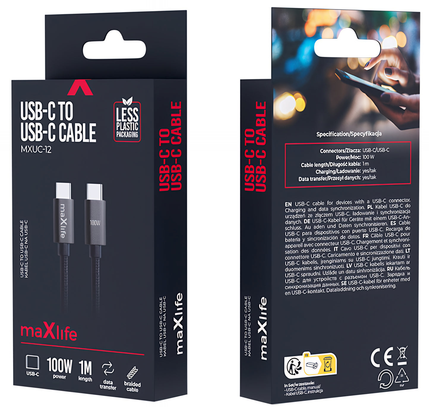 Cablu Date si Incarcare USB-C - USB-C MaXlife MXUC-12, 100W, 1m, Negru