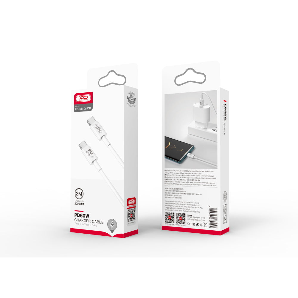 Cablu Date si Incarcare USB-C - USB-C XO Design NB-Q190B, 60W, 2m, Alb