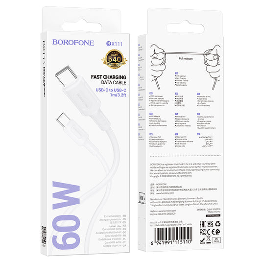 Cablu Date si Incarcare USB-C - USB-C Borofone BX111 Feliz, 60W, 1m, Alb