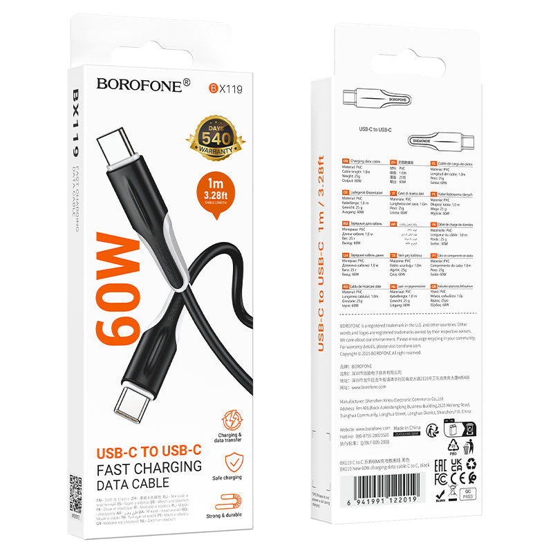 Cablu Date si Incarcare USB-C - USB-C Borofone BX119 New, 60W, 1m, Negru