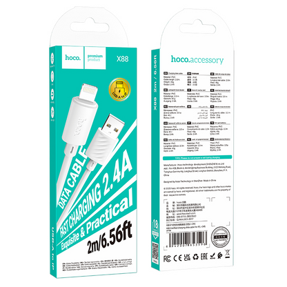 Cablu Date si Incarcare USB-A - Lightning HOCO X88, 18W, 2m, Alb