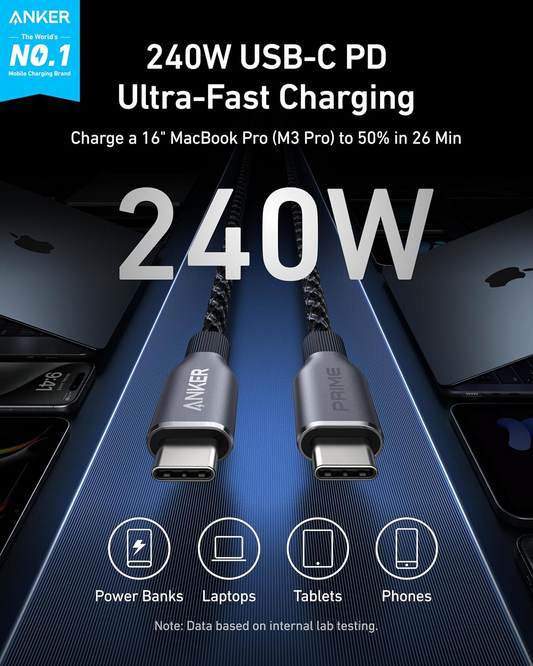 Cablu Date si Incarcare USB-C - USB-C Anker Prime, 240W, 0.9m, Negru A88E2011