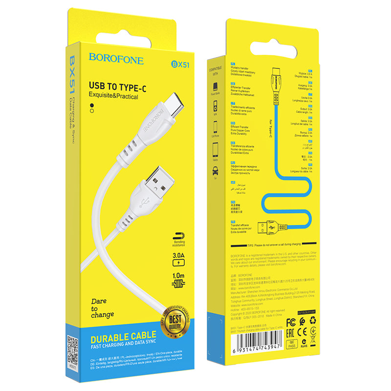 Cablu Date si Incarcare USB-A - USB-C Borofone BX51 Triumph MP, 18W, 1m, Alb
