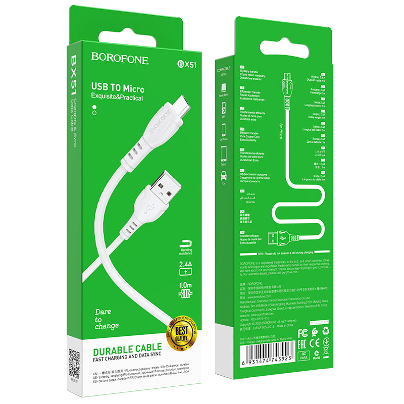 Cablu Date si Incarcare USB-A - microUSB Borofone BX51 Triumph MP, 18W, 1m, Alb