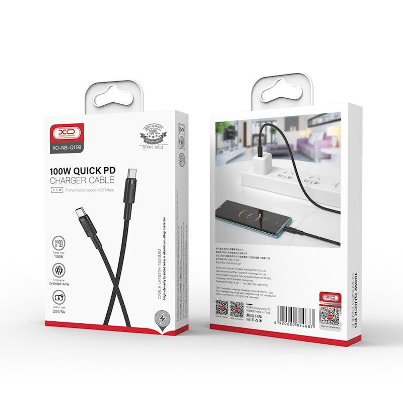 Cablu Date si Incarcare USB-C - USB-C XO Design NB-Q199, 100W, 1.5m, Negru