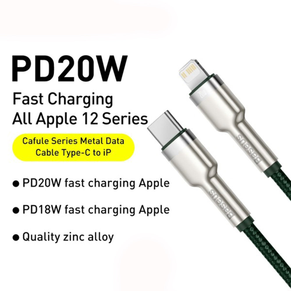 Cablu Date si Incarcare USB-C - Lightning Baseus Cafule Metal Series, 20W, 2m, Verde CATLJK-B06