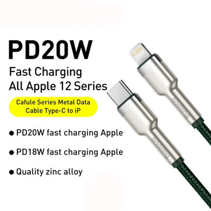 Cablu Date si Incarcare USB-C - Lightning Baseus Cafule Metal Series, 20W, 2m, Verde CATLJK-B06