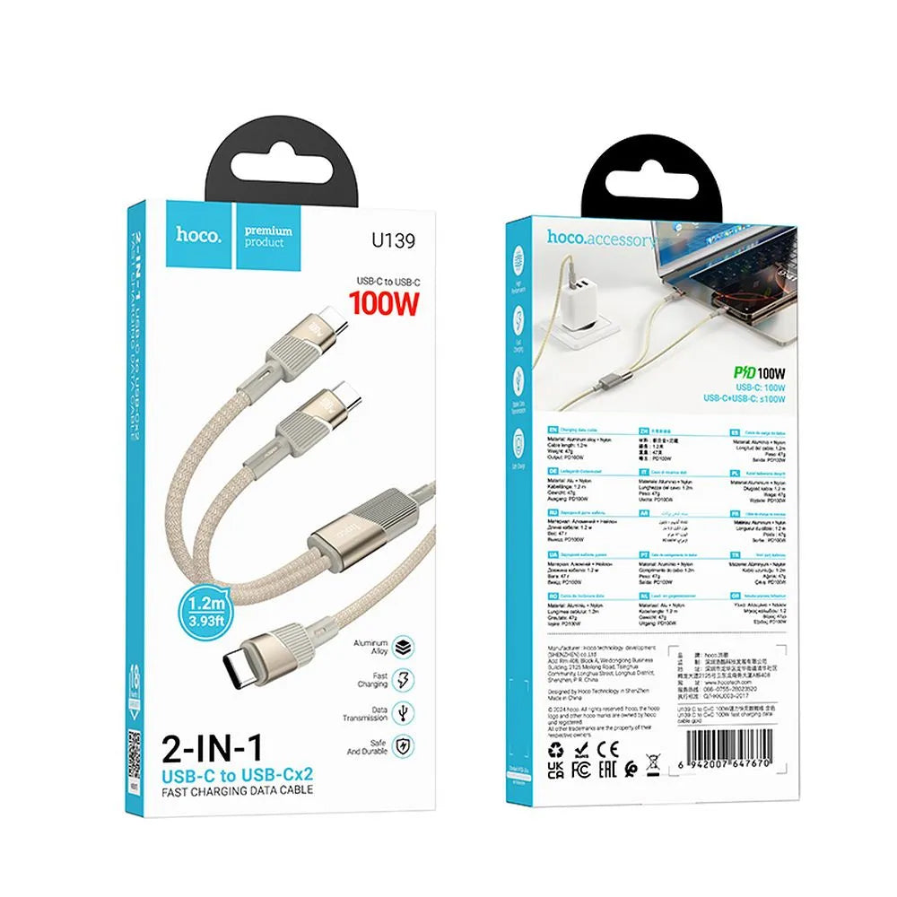 Cablu Date si Incarcare USB-C - 2 x USB-C HOCO U139 2in1, 100W, 1.2m, Auriu