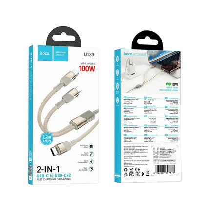 Cablu Date si Incarcare USB-C - 2 x USB-C HOCO U139 2in1, 100W, 1.2m, Auriu