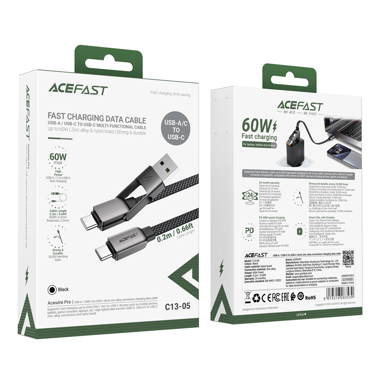 Cablu Date si Incarcare USB-C - USB-A / USB-C Acefast C13-05, 60W, 0.2m, Negru