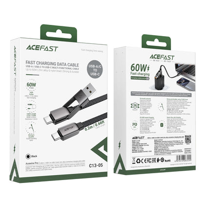Cablu Date si Incarcare USB-C - USB-A / USB-C Acefast C13-05, 60W, 0.2m, Negru