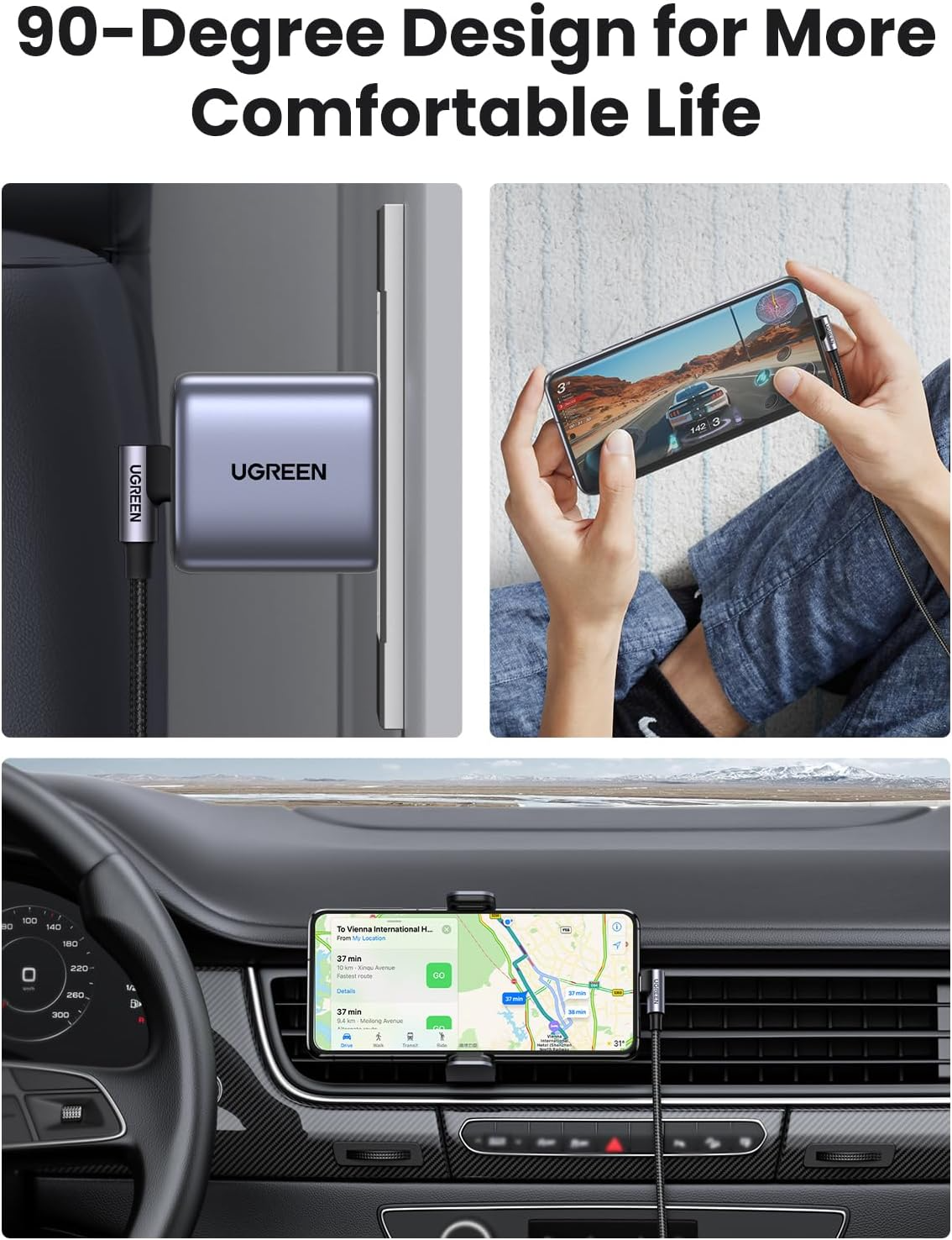 Cablu Date si Incarcare USB-C - USB-C UGREEN US255 Angled, 60W, 3m, Gri