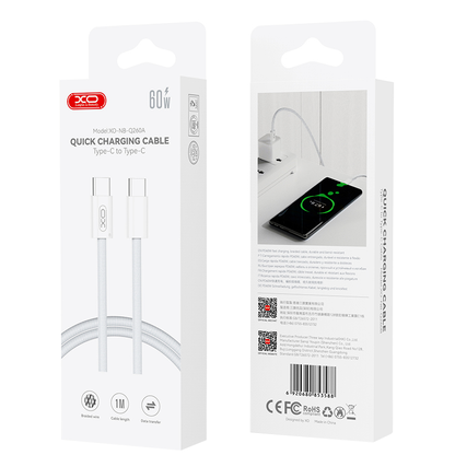 Cablu Date si Incarcare USB-C - USB-C XO Design NB-Q260A, 60W, 1m, Alb