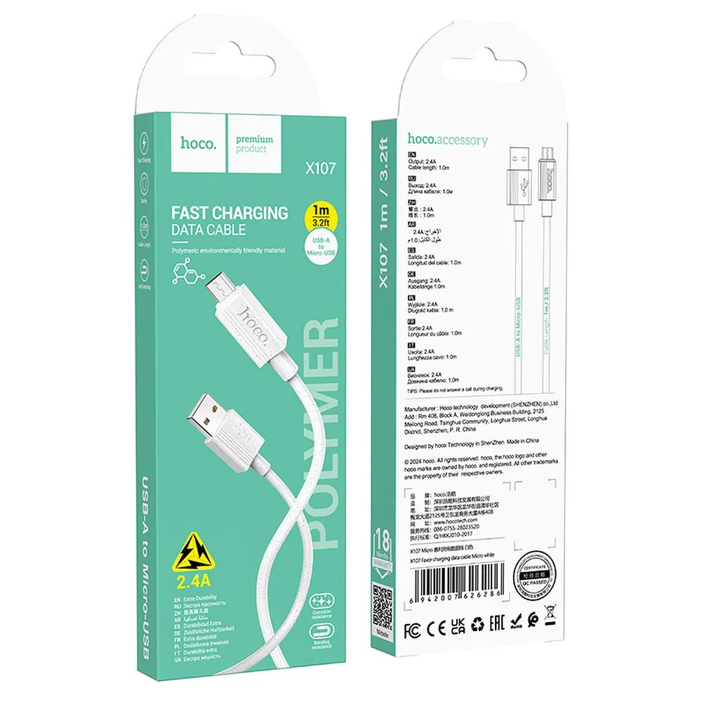 Cablu Date si Incarcare USB-A - microUSB HOCO X107, 18W, 1m, Alb