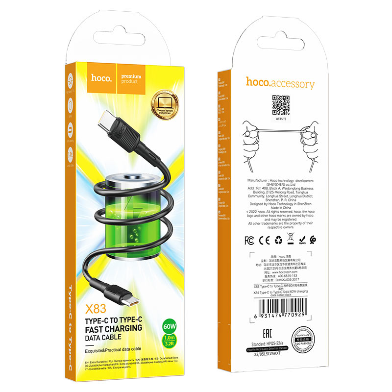 Cablu Date si Incarcare USB-C - USB-C HOCO X83 Victory, 60W, 1m, Negru