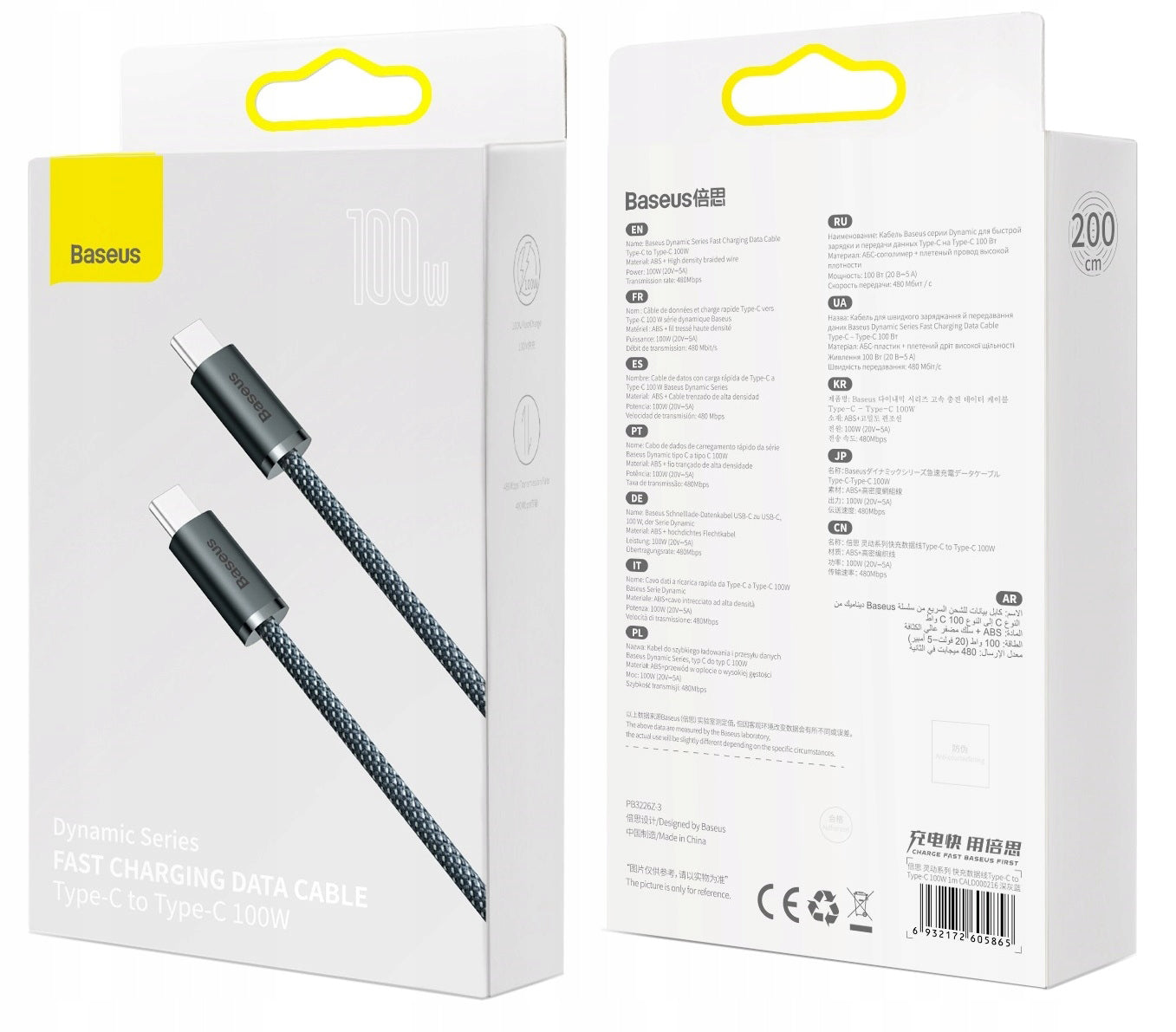 Cablu Date si Incarcare USB-C - USB-C Baseus Dynamic Series, 100W, 2m, Gri CALD000316