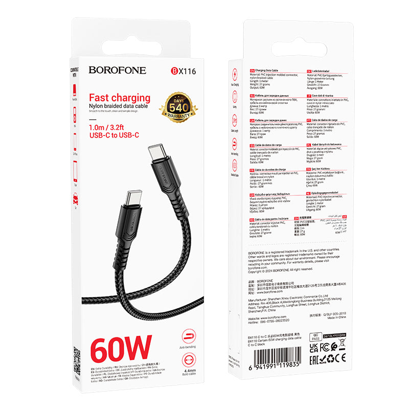 Cablu Date si Incarcare USB-C - USB-C Borofone BX116 Certain, 60W, 1m, Negru