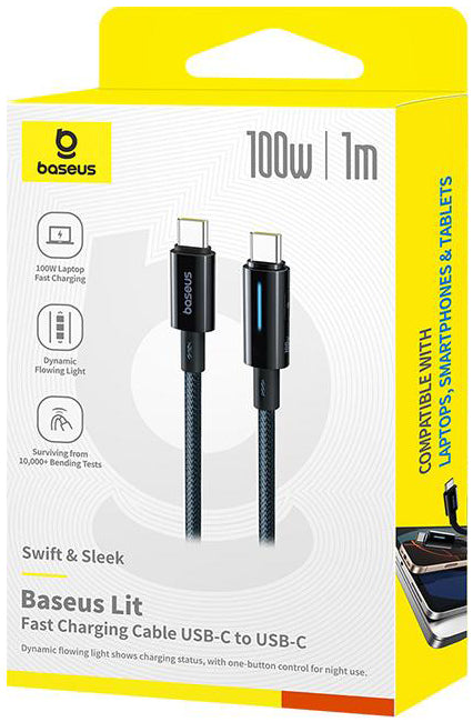 Cablu Date si Incarcare USB-C - USB-C Baseus Lit Button Control, 100W, 2m, Negru P10379000121-01