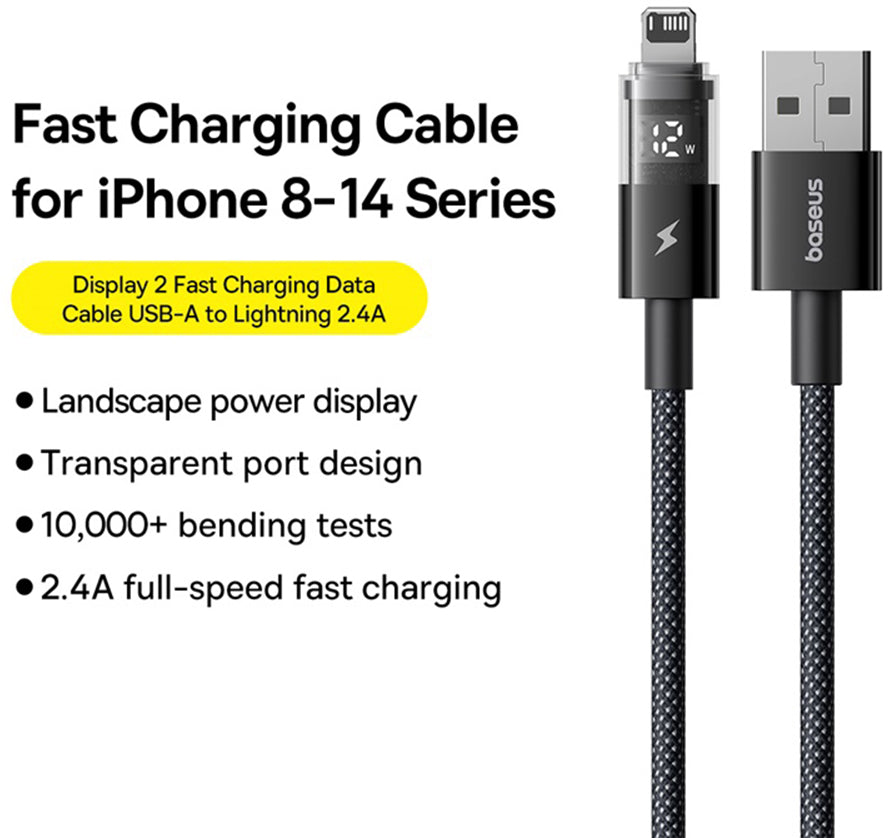 Cablu Date si Incarcare USB-A - Lightning Baseus Display 2, 18W, 1m, Negru P10382700121-00