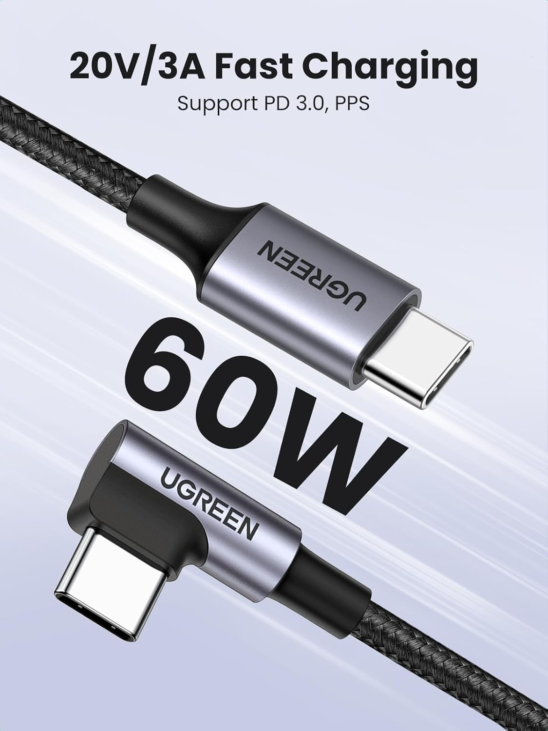 Cablu Date si Incarcare USB-C - USB-C UGREEN US255 Angled, 60W, 3m, Gri