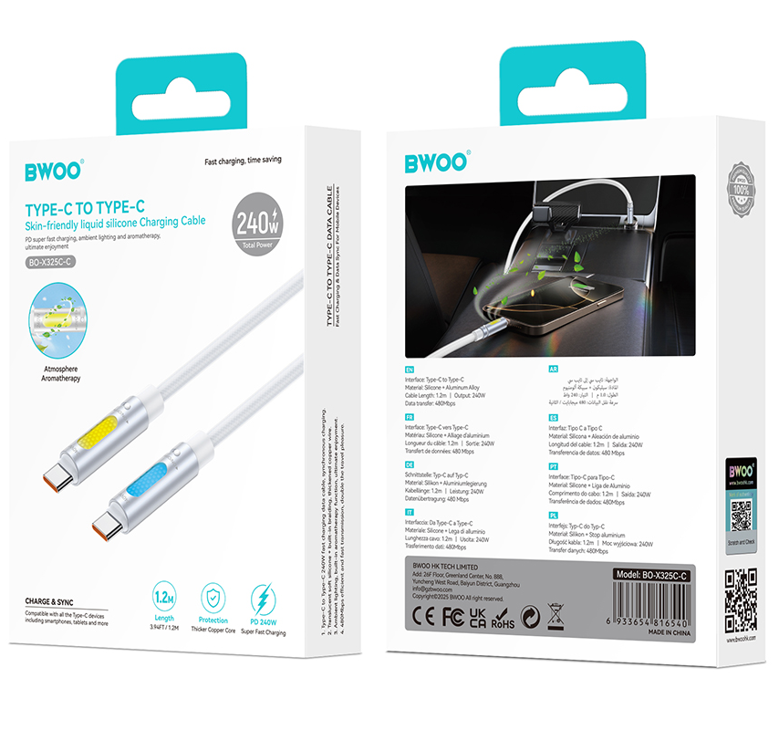 Cablu Date si Incarcare USB-C - USB-C BWOO X325C-C Led, 240W, 1.2m, Alb