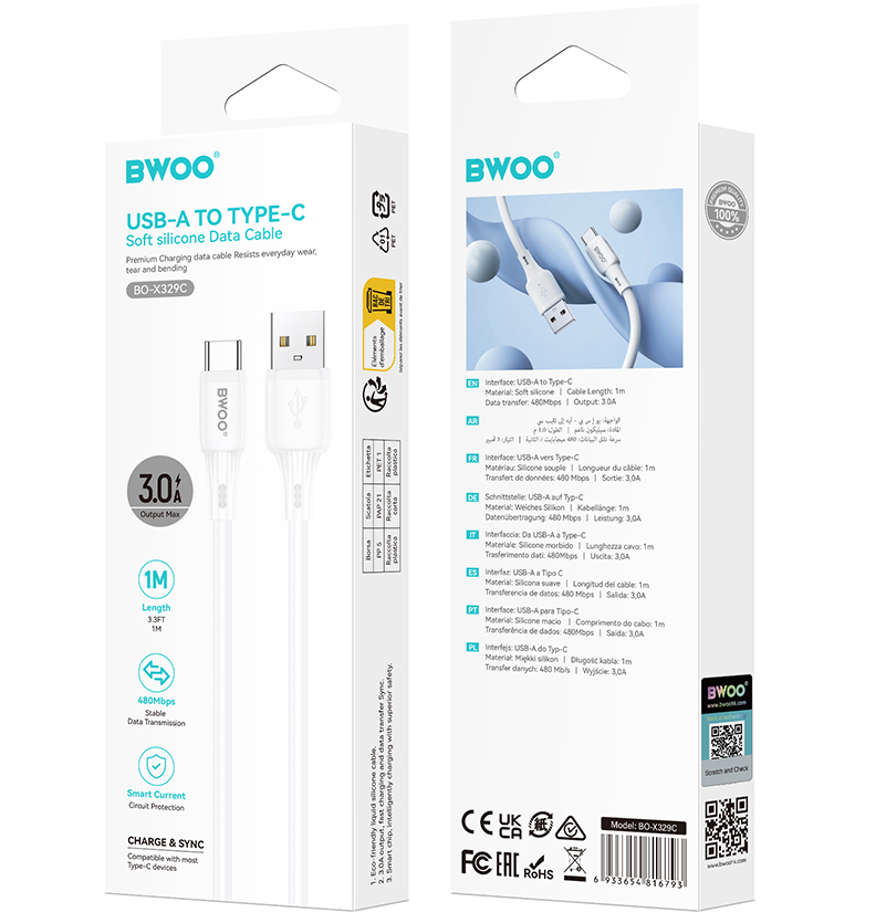 Cablu Date si Incarcare USB-A - USB-C BWOO X329C, 18W, 1m, Alb