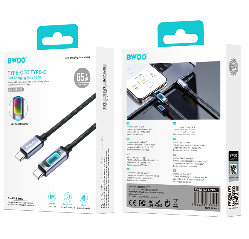 Cablu Date si Incarcare USB-C - USB-C BWOO X324CC Display, 65W, 1m, Negru