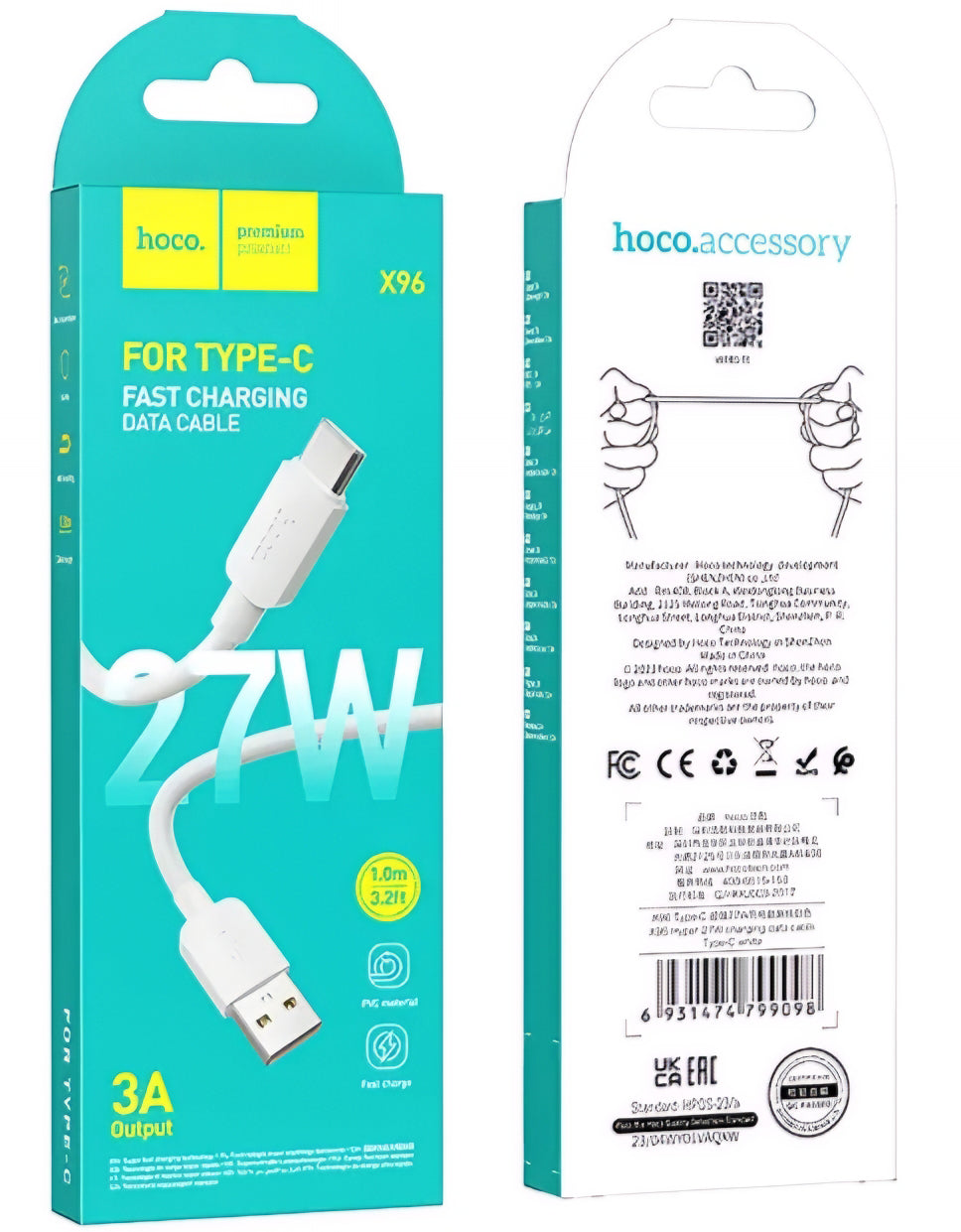 Cablu Date si Incarcare USB-A - USB-C HOCO X96, 27W, 1m, Alb