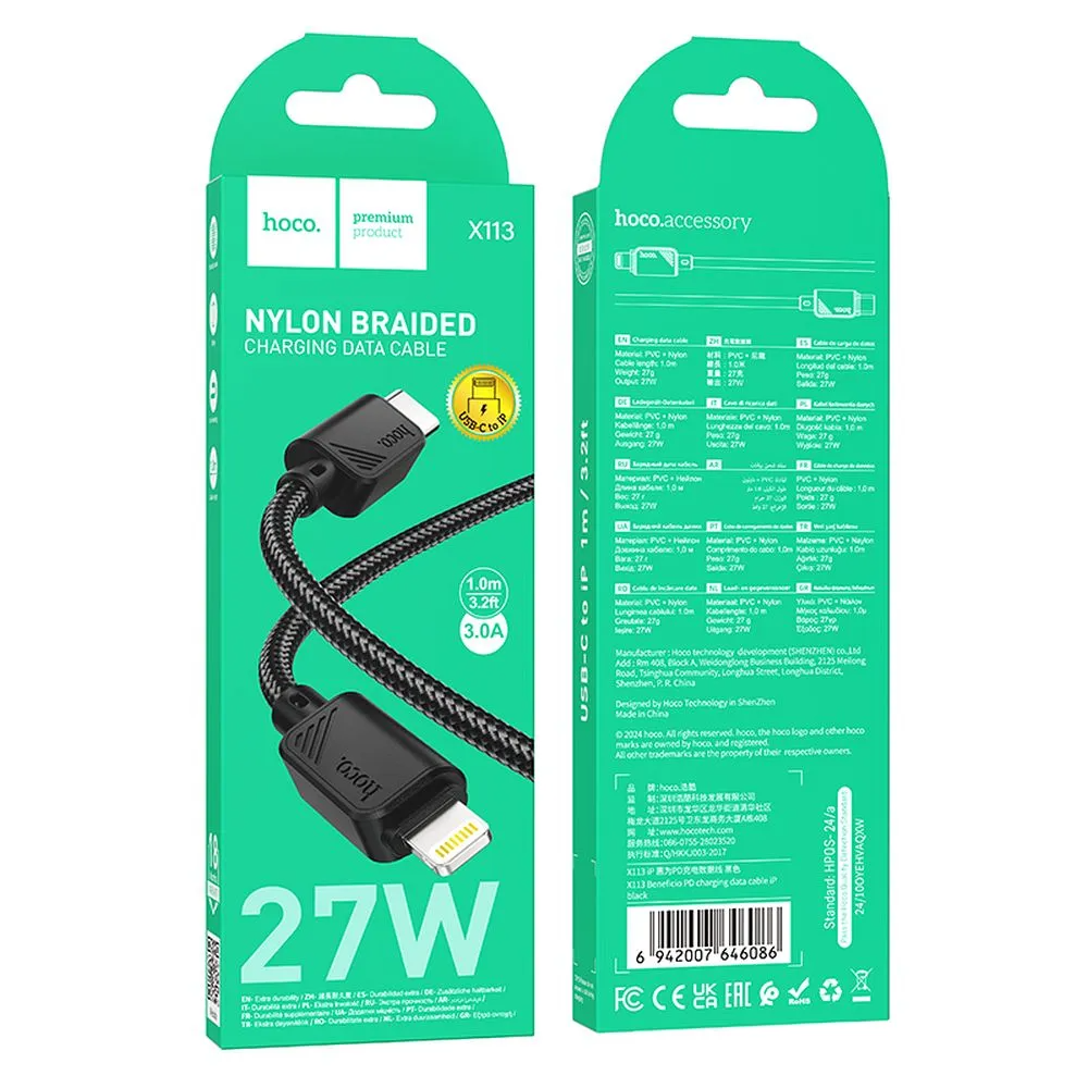 Cablu Date si Incarcare USB-C - Lightning HOCO X113, 27W, 1m, Negru