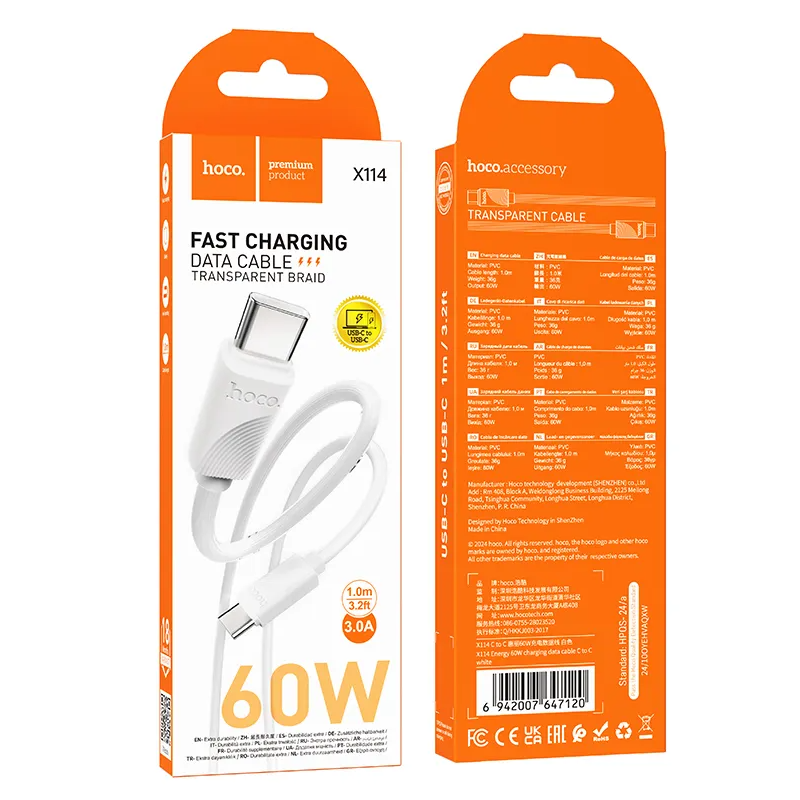 Cablu Date si Incarcare USB-C - USB-C HOCO X114, 60W, 1m, Alb